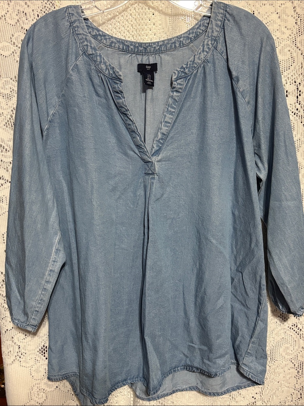 GAP Light Blue Denim-Look Women's Peasant Tunic Size L